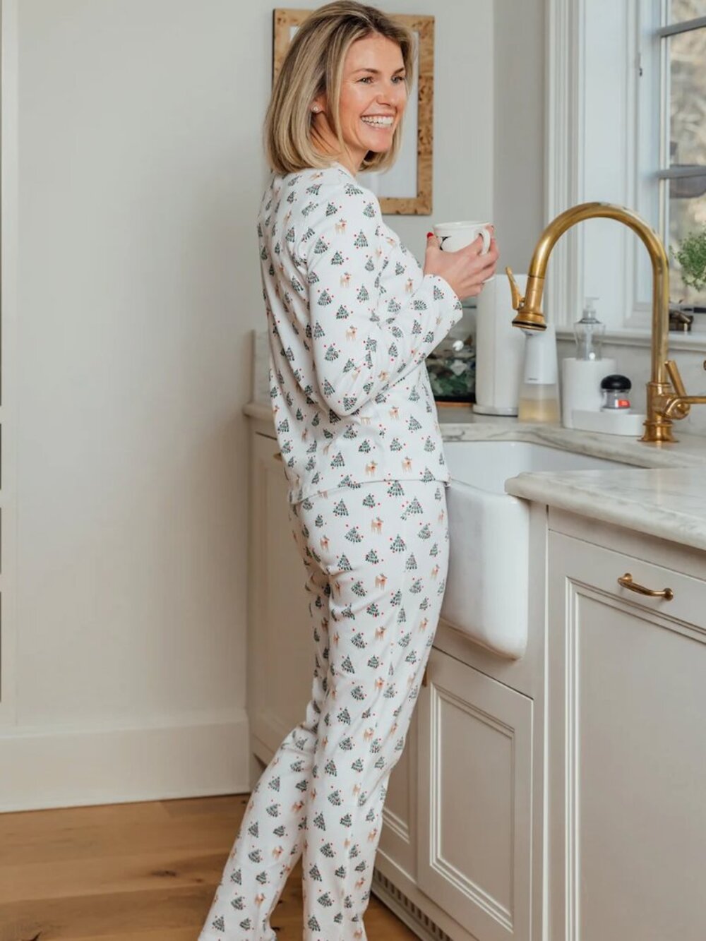 1212 Womens Organic Pima Cotton Henley Pajama Set Tinsel Trees Small EUC Holiday